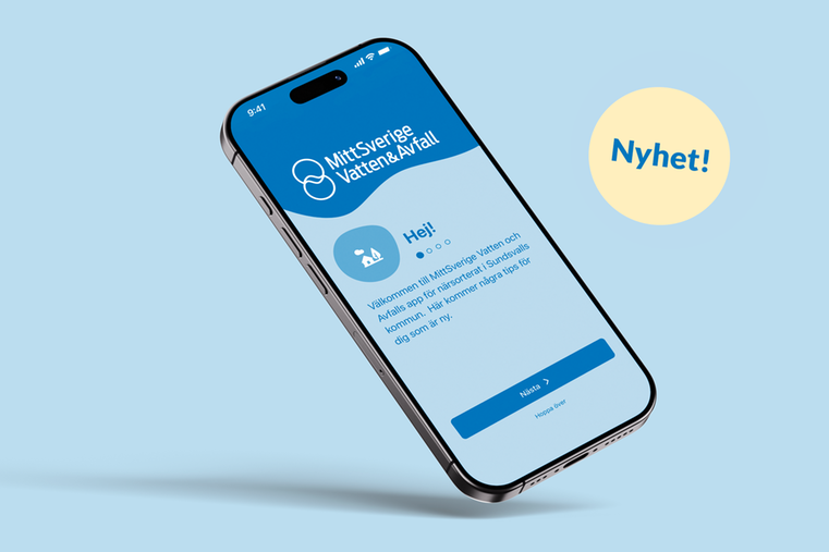 Mobil som visar MittSverige Vatten och Avfalls app, illustration.